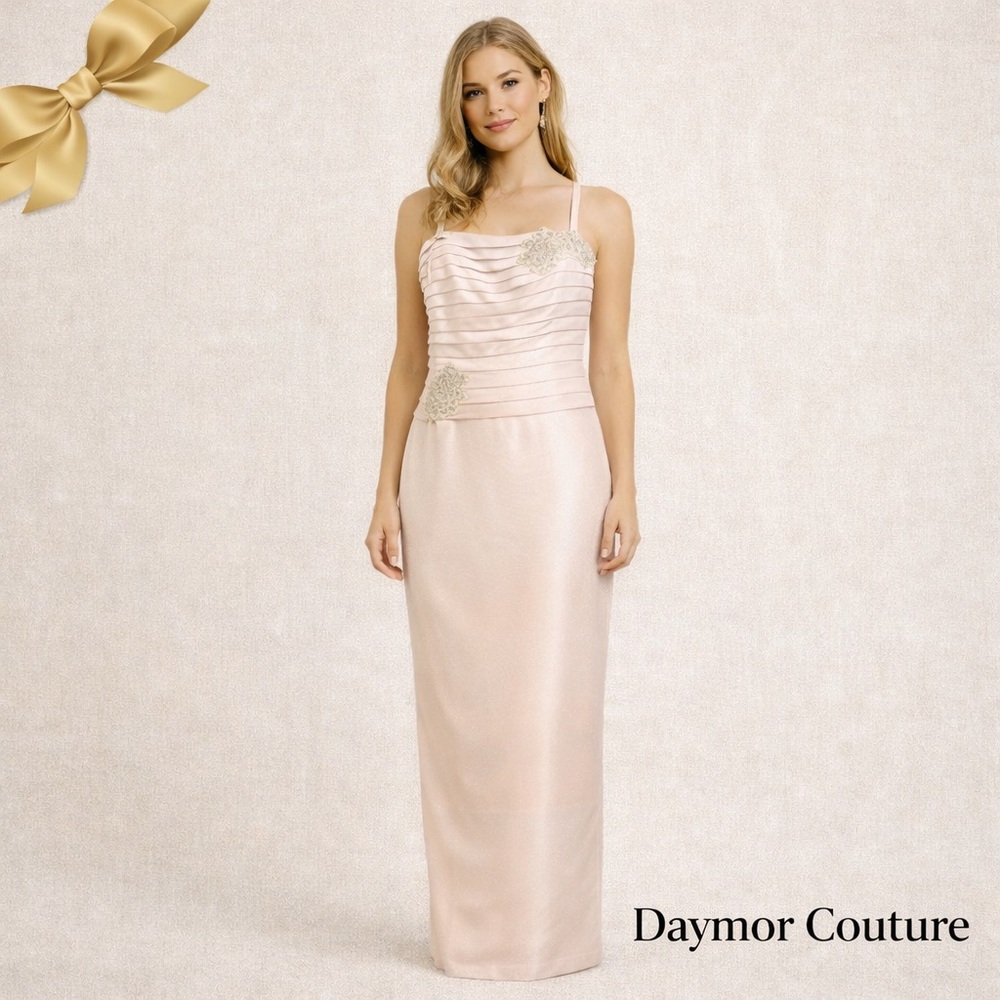 Daymor Couture Shimmering Pale Pink Beaded Pleated Formal Gown Size 10